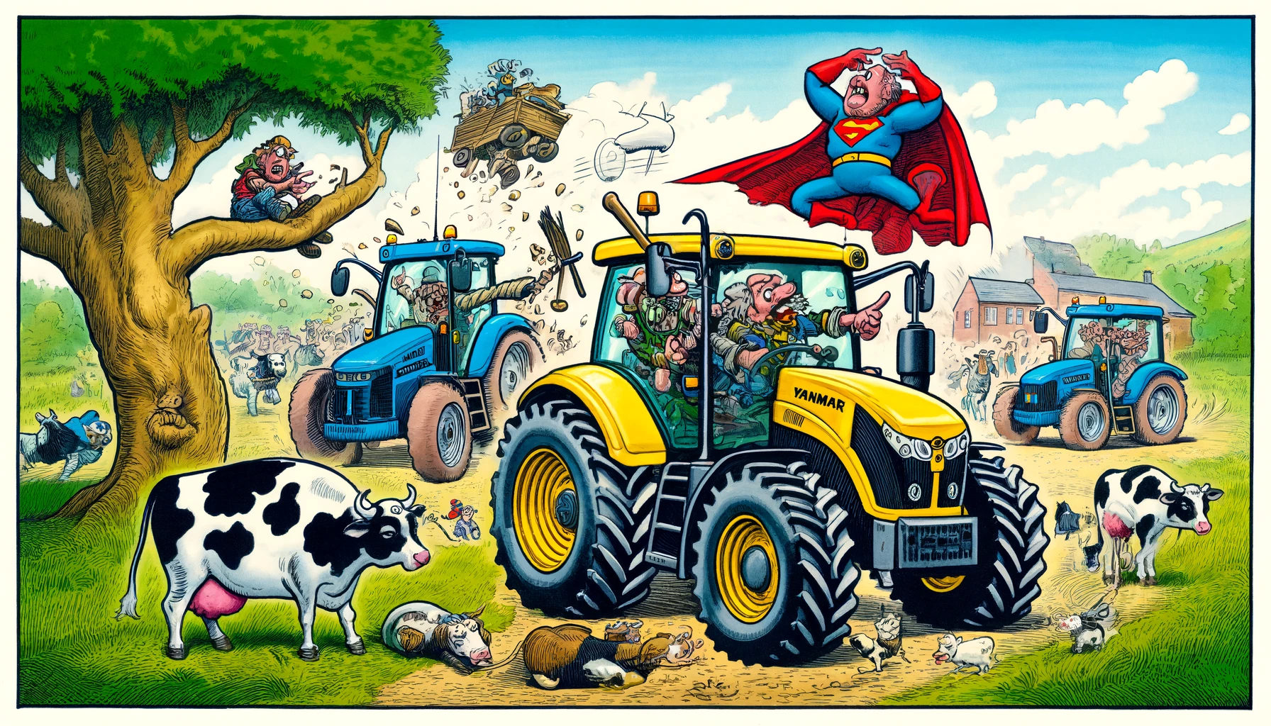 Yanmar Tractors - A satirical and humorous illustration featuring Yanmar tractors. The scene shows a group of exaggerated, cartoonish Yanmar tractors engaged in various